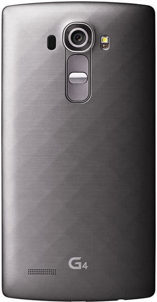 Rear view of LG G4 in gray, showing main camera, flash, rear buttons, bottom left speaker grille, and "G4" logo at the base.