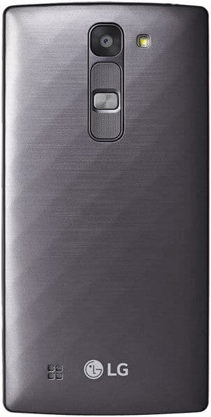 LG G4C smartphone rear view, showing dark gray brushed metal back, dual camera with flash, and LG logo