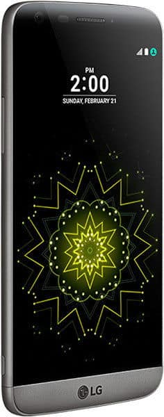 LG G5 smartphone displayed at an angle, showing lock screen with time, date, and geometric star pattern wallpaper