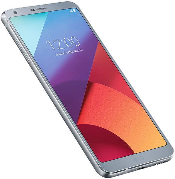 LG G6 smartphone shown from front angle, displaying colorful geometric wallpaper with time and date on screen