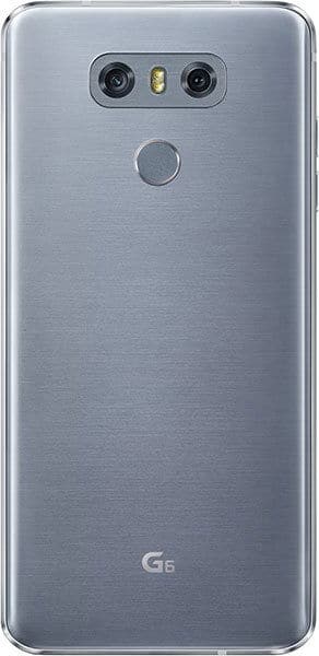 LG G6 rear view, silver, showing dual camera and fingerprint sensor