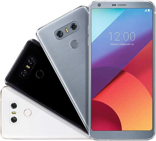 LG G6 smartphone shown in silver, black, and white color variants with front screen displaying time and colorful wallpaper