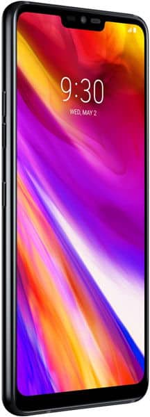 LG G7 ThinQ front view, black phone displaying colorful gradient wallpaper with time 9:30 on screen