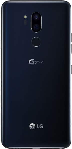 LG G7 ThinQ rear view showing dual camera setup, fingerprint sensor, and dark blue finish