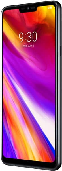LG G7 ThinQ front view with colorful gradient display showing time 9:30 and date Wednesday May 2