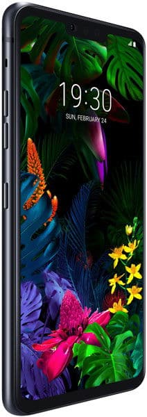 LG G8 ThinQ smartphone, front angled view, colorful tropical wallpaper, time 19:30 and date Sunday, February 24 shown.