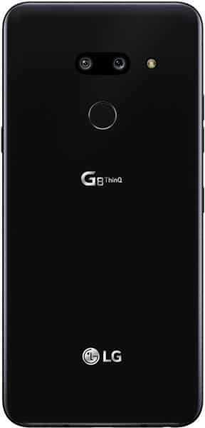 Rear view of LG G8 ThinQ showing dual cameras, LED flash, fingerprint sensor, and visible LG and G8 ThinQ logos.