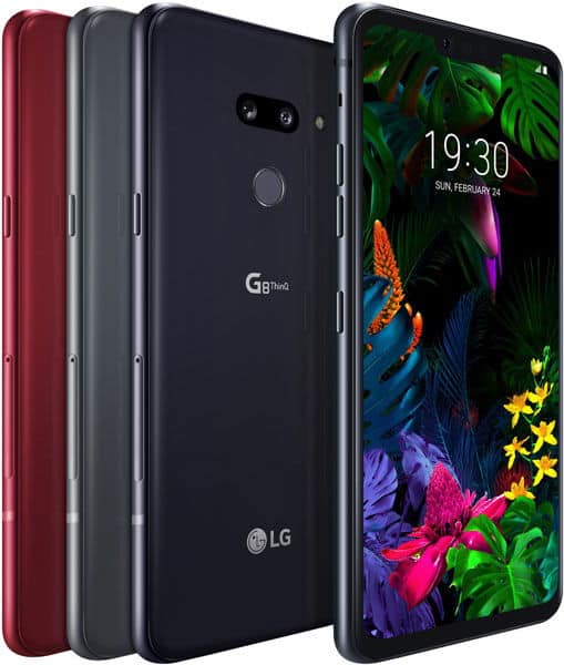 Four LG G8 ThinQ phones in multiple colors, shown front and back; screens display 19:30 and floral wallpaper.