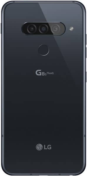LG G8S ThinQ rear view, showing triple camera array, fingerprint sensor, and dark glass back