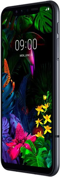 LG G8S ThinQ front view with colorful floral display showing time 09:00 on screen