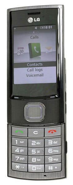 LG GD550 Pure front view, black slider phone with screen showing Calls menu and numeric keypad below