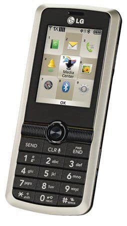 LG Masterpiece mobile phone, front view, with numeric keypad and small display screen showing menu icons