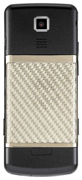 LG Masterpiece phone, rear view, with black top and bottom sections and textured silver center panel with camera above