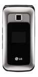 LG Globus phone, rear view, open clamshell design with silver and black exterior
