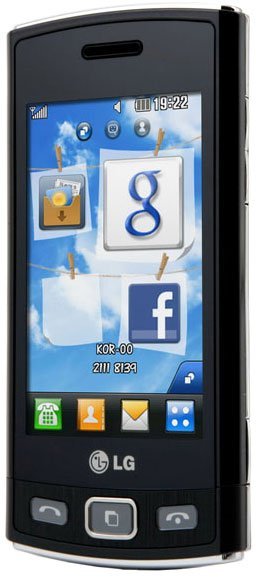 LG Viewty Snap front view, black candybar phone with blue touchscreen displaying apps and social media icons