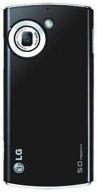 LG Viewty Snap rear view, black phone with circular camera lens and silver ring, LG logo visible on lower left