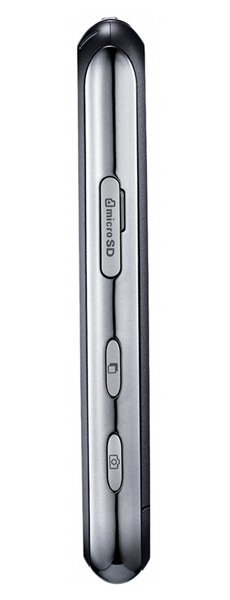 LG GM750 side view close-up showing three buttons: microSD, SIM card, and camera icons on a metallic surface.