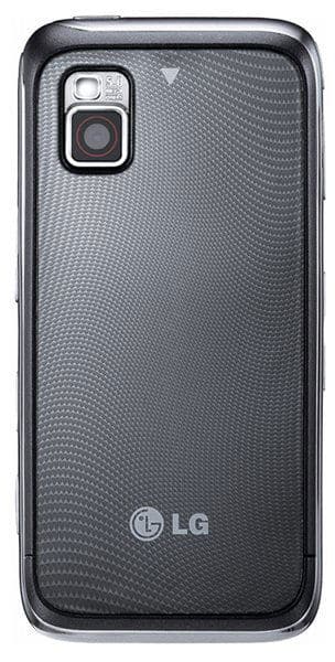 Rear view of LG GM750 showing textured black finish, top-left rear camera with flash, and LG logo at the bottom.
