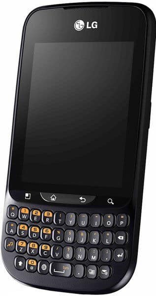 LG Gossip Pro front view, black smartphone with slide-out QWERTY keyboard and dark screen