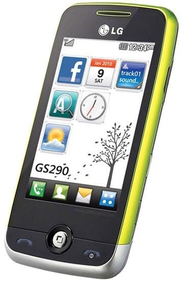 Front view of the LG GS290 (Cookie Fresh) in green and silver, touchscreen showing app icons, widgets, and colorful display.