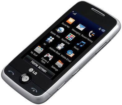 LG Prime smartphone shown from front, displaying home screen with app grid and touchscreen interface