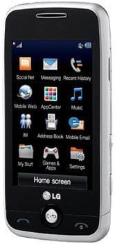 LG Prime smartphone front view showing home screen with apps and menu icons displayed on dark screen