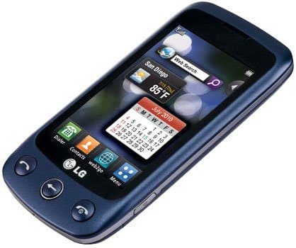 Front view of dark blue LG Sentio showing weather widget, May 2010 calendar, app icons, and three physical buttons below display.