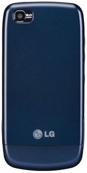 Rear view of dark blue LG Sentio phone with camera and flash in top left; LG logo displayed at lower back.
