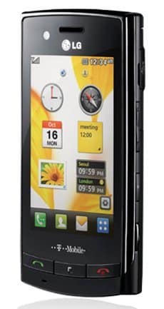 LG GT-500 Puccini front view, black slider phone with yellow home screen displaying widgets and T-Mobile branding