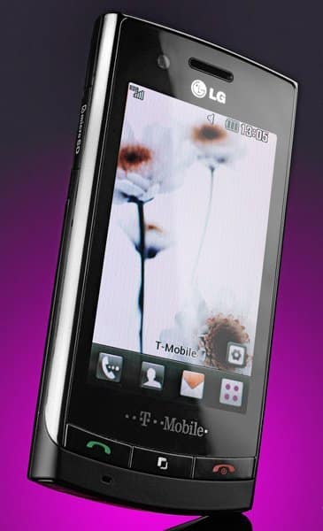 LG GT-500 Puccini phone displayed at an angle, showing front screen with flower image and T-Mobile branding on black bezel
