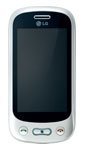 Front view of white LG Neon 2 with black screen, top speaker slot, and three physical buttons for call, home, and end functions.