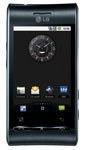 Front view of LG Loop GT540 smartphone with black casing, LG logo above display, and home screen showing clock widget and app icons.