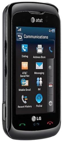 Front view of black LG Encore touchscreen phone with AT&T branding, home screen visible featuring app icons.