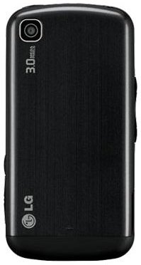 Rear view of LG Encore (black) showing LG logo, top-left single camera, and "3.0 megapixels" text next to the lens.