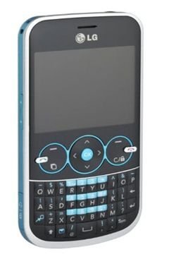 LG Gossip phone with blue trim, featuring small screen, navigation buttons, and QWERTY keyboard, front view