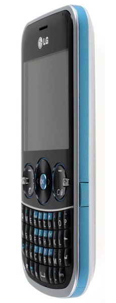 LG Gossip mobile phone, front view, with blue trim, black screen, and QWERTY keyboard