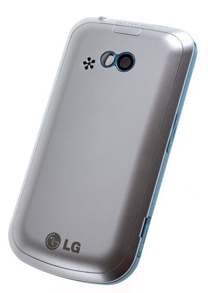 LG Gossip phone, rear view, silver with dual camera lens and LG logo visible