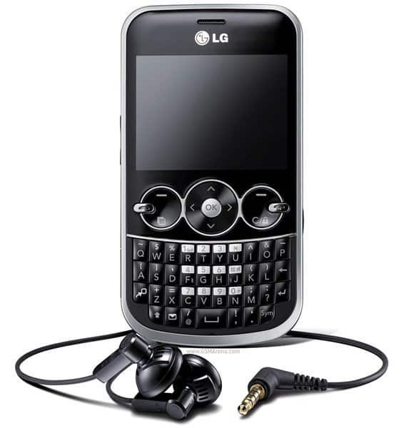 LG Gossip front view with QWERTY keyboard and included earbuds with 3.5mm connector