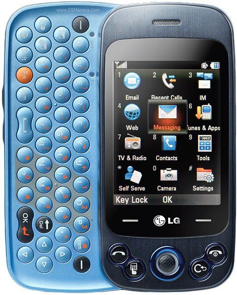 LG Rumor Plus front view showing blue QWERTY keyboard on left and dark screen displaying apps on right
