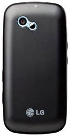 LG Rumor Plus phone, rear view, black with dual camera and LG logo visible