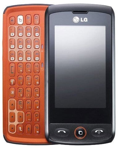 Front view of black LG Breeze with touchscreen and slide-out orange QWERTY keyboard extended.