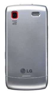 Rear view of silver LG Breeze phone with top-left red-bordered camera, top-right speaker grill, and LG logo near the bottom.