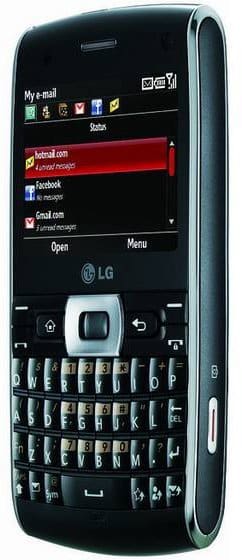 LG GW550 phone with QWERTY keyboard, front view showing screen with email and messaging apps