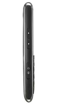 LG GW550 phone viewed from the side, showing narrow black rectangular body with silver trim and control buttons