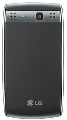 LG GW550 flip phone shown from front, black exterior with silver hinge and speaker grille visible