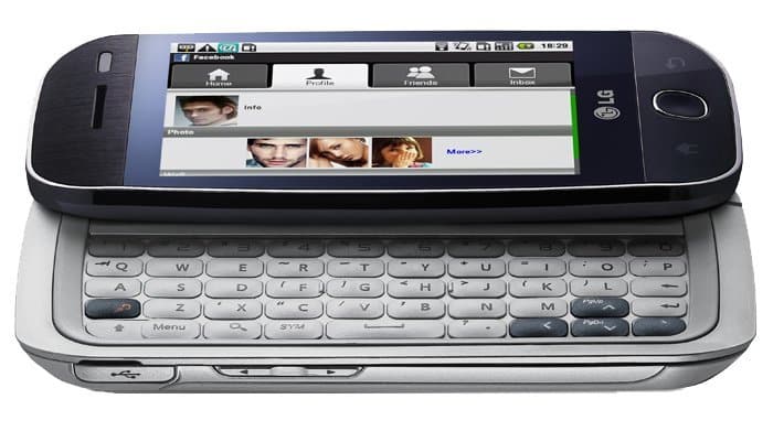 Front view of black and silver LG Eve GW620 with slide-out QWERTY keyboard, screen showing Facebook interface.