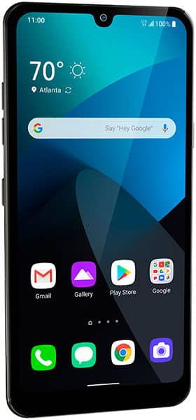 LG Harmony 4 front view, displaying home screen with weather widget, Google search bar, and app icons including Gmail, Gallery, Play Store, Phone, and Messages