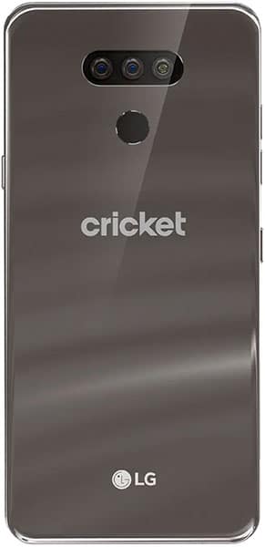 LG Harmony 4 smartphone rear view, showing triple camera array and Cricket branding on dark glass back