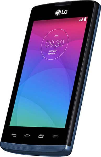 LG Joy smartphone, front view, with colorful gradient lock screen displaying time 09:30 and date