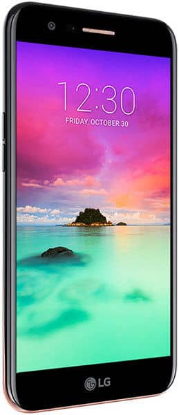 LG K10 (2017) smartphone displayed at an angle, showing a colorful sunset beach scene on the screen with the time 12:30 displayed